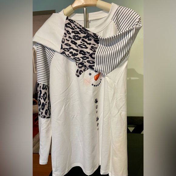 Boutique Long Sleeve Snowman T-shirt with leopard print & stripes on sleeves. - Picture 2 of 3